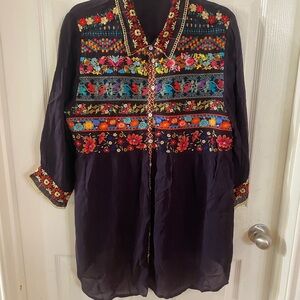 Johnny Was Purple Top with Red and Cream Embroidery